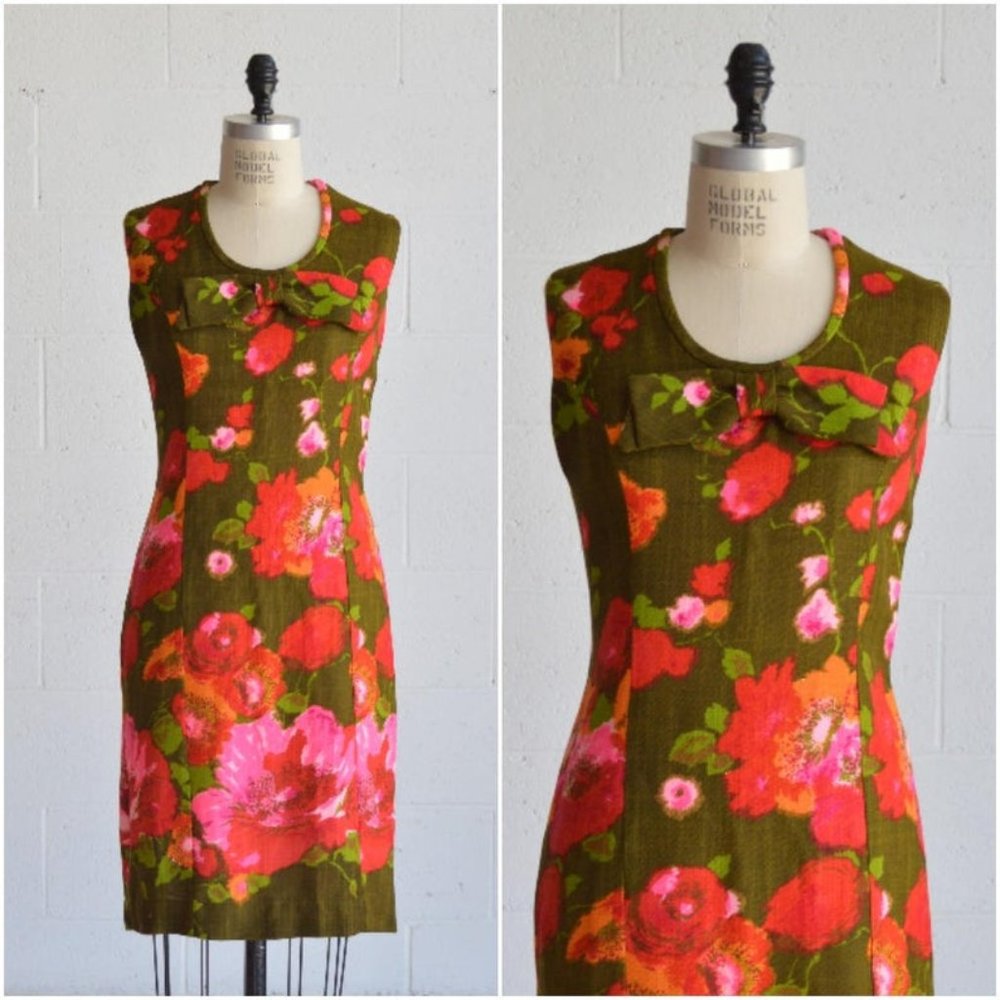 vintage 1960s green/pink floral linen sheath dress